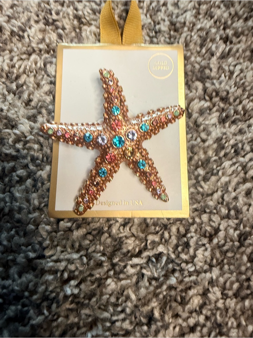 Gold Jewel-Encrusted Starfish brooch- Multi-Color Accents